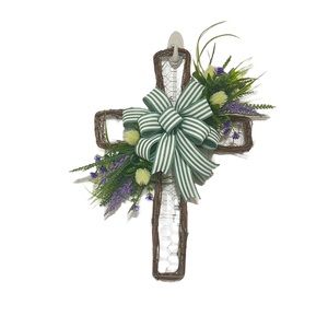 Handmade Grapevine Wire Cross Wreath with Purple Flowers,Easter, Christian